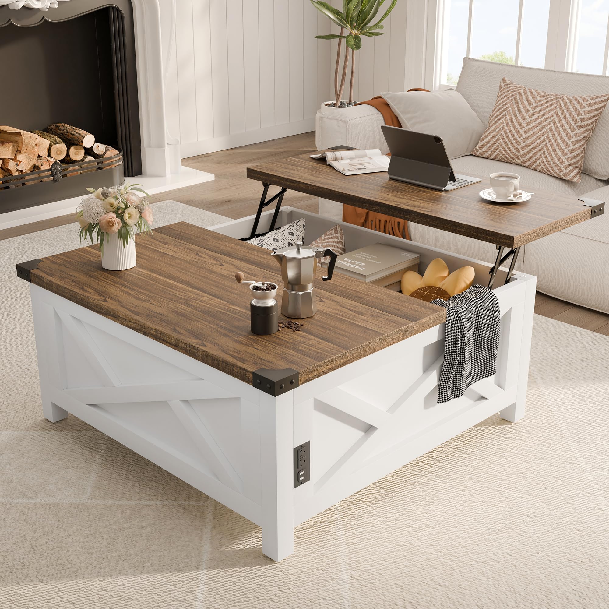 MU Lift Top Coffee Table, Square Coffee Table with Hidden Storage, Farmhouse Wood Coffee Table with Charging Station and Barn Door for Living Room, White