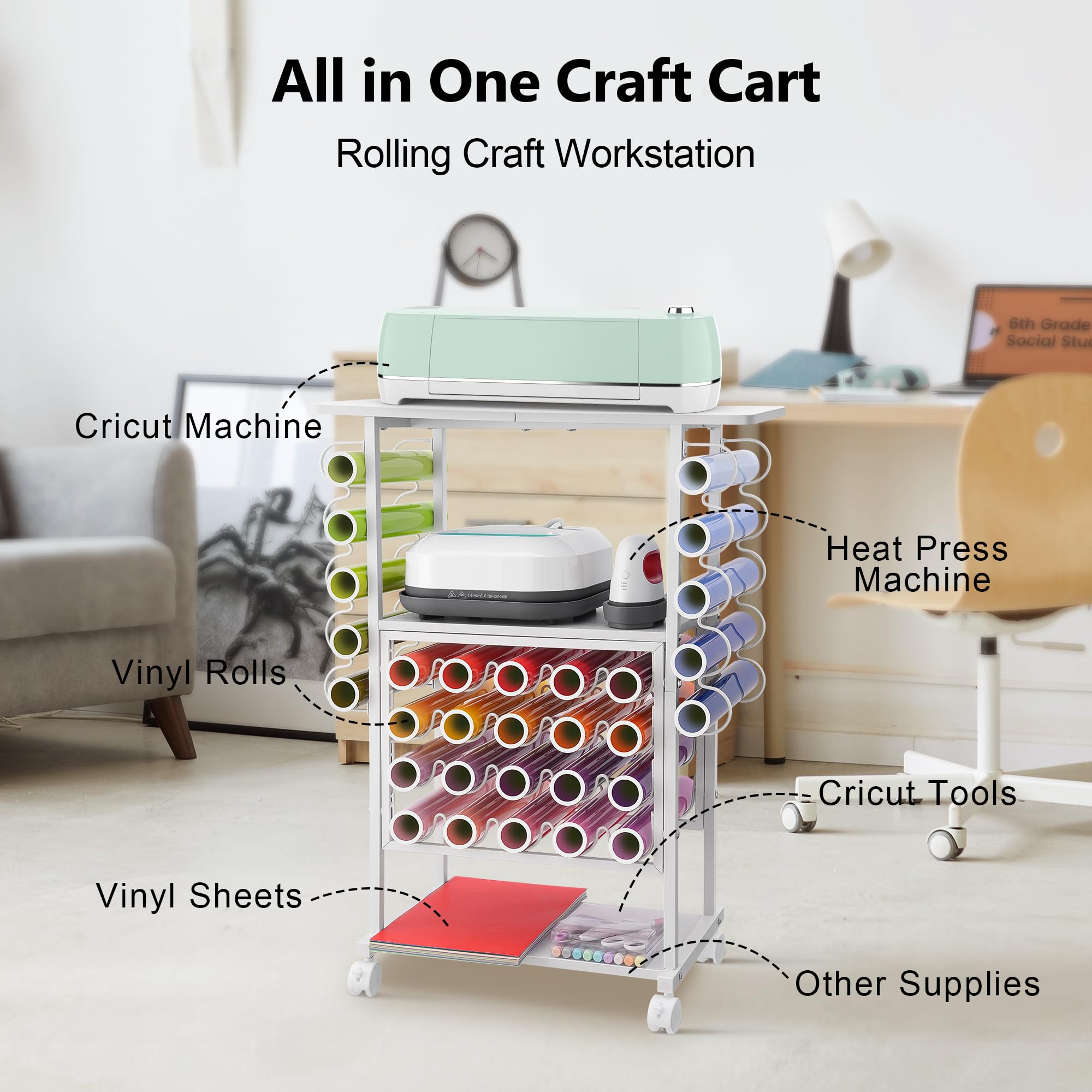 30 Vinyl Roll Holders for Cricut Cart, Cricut Organization and Storage Compatible with Cricut Maker Machine, Crafting Table Organization Workstation for Craft Room, Rolling Craft Cart for Small Spaces