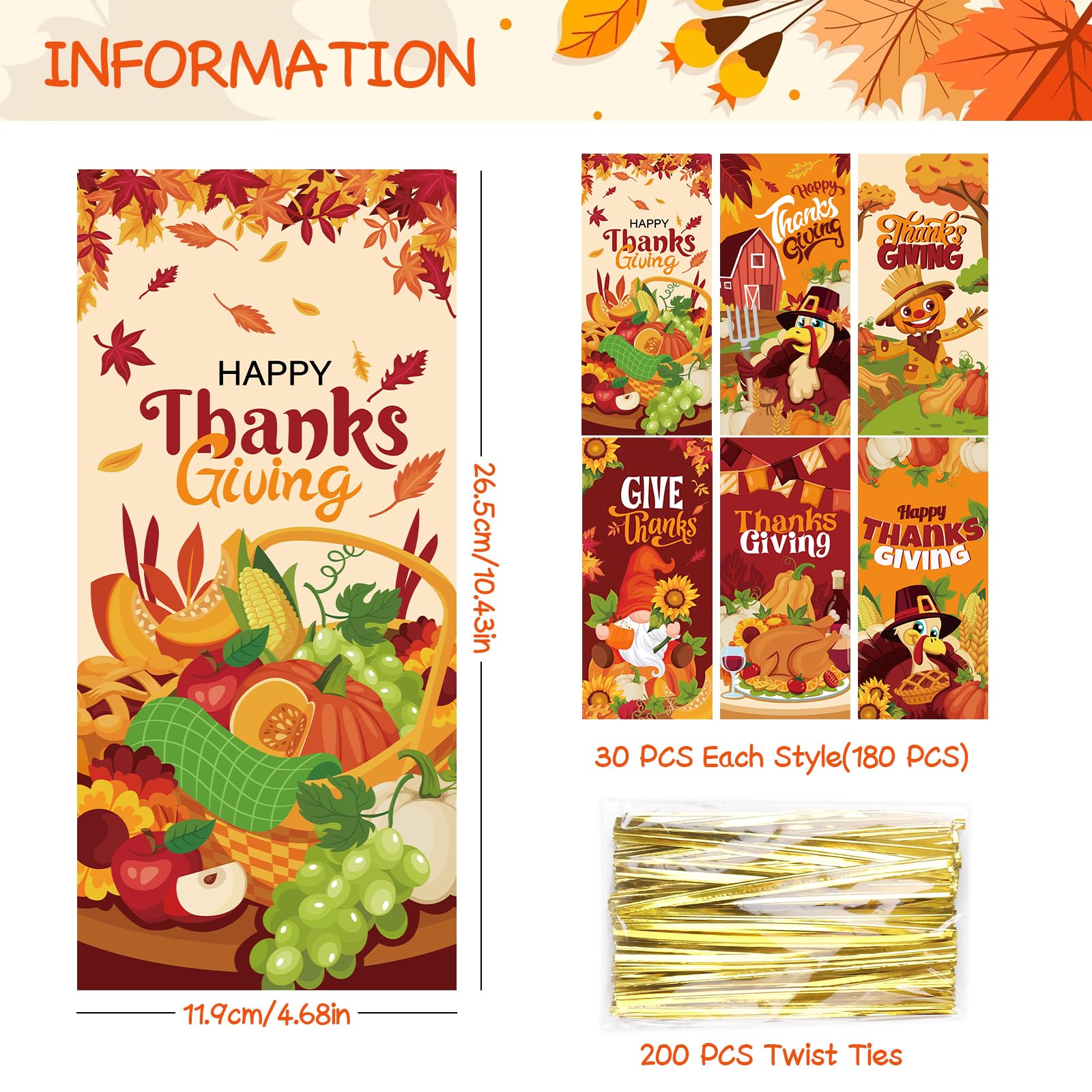 DIYASY 180 Pcs Thanksgiving Ceollophane Treat Bags, Fall Candy Bags Plastic Goodie Snack Bags with Twist Ties for Thanksgiving Party Favor and Holiday gifts Wrapping