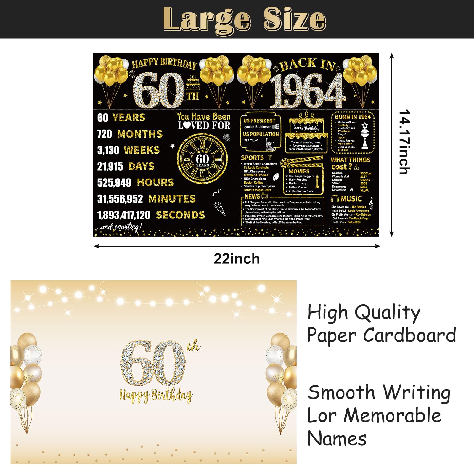 Kuxriox Large 60th Birthday Card With Envelope, Black Gold Happy 60th Birthday Giant Guest Book Gifts for Men Women, Giant Sixty Bday Card Gifts Party Supplies, Back in 1964 Jumbo 60 Bday Card