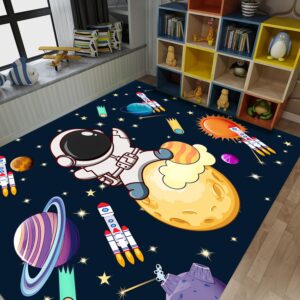 SOJAWA Space Astronaut Children Play Area Rug, 4x6ft, Solar System Rocket Living Room Rug, Non-Shedding Foldable Home Decorative Rugs, Washable Durable Low Pile Rug for Hallway Bedroom