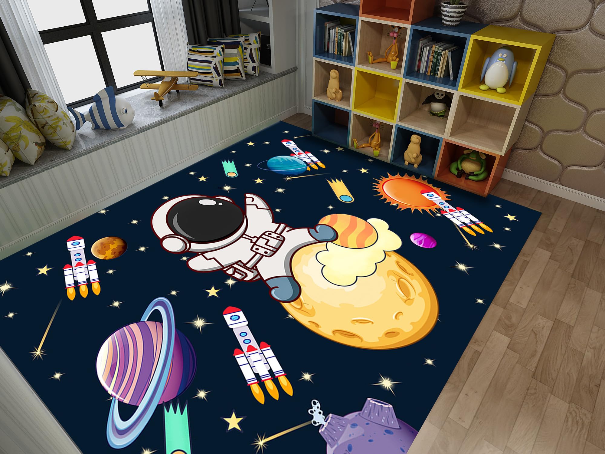 SOJAWA Space Astronaut Children Play Area Rug, 4x6ft, Solar System Rocket Living Room Rug, Non-Shedding Foldable Home Decorative Rugs, Washable Durable Low Pile Rug for Hallway Bedroom