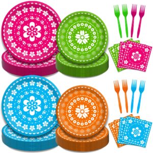 kepeel 200pcs fiesta party plates, mexican cinco de mayo party decorations supplies mexican papel picado disposable paper plates napkins for taco carnival birthday baby shower tableware, serves 50