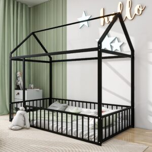 yopto twin size metal house shaped floor bed with full length fence,playhouse bed frame w/pitched roof design,easy assembly,for kids,boys and girls