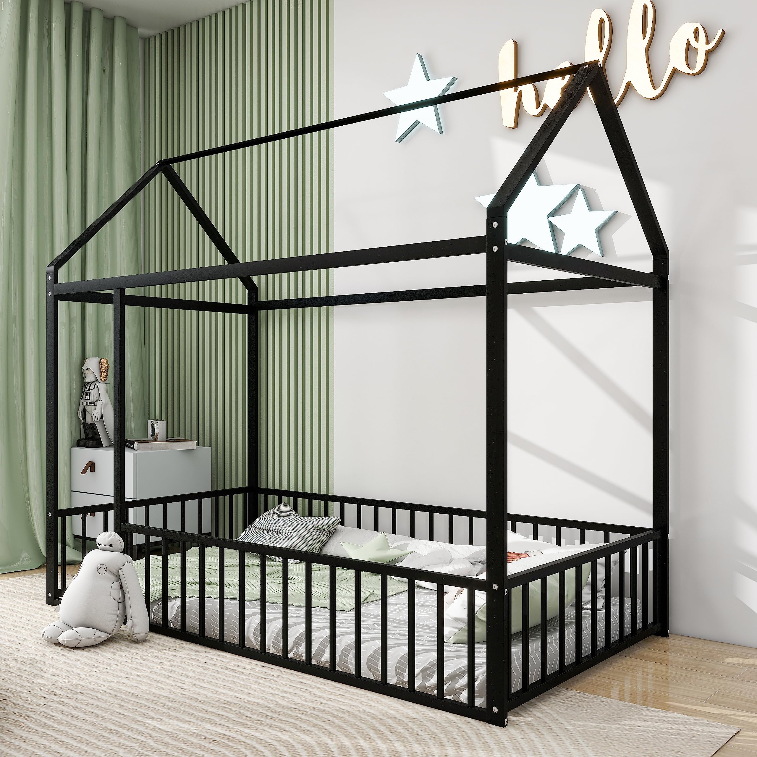 YOPTO Twin Size Metal House Shaped Floor Bed with Full Length Fence,Playhouse Bed Frame W/Pitched Roof Design,Easy Assembly,for Kids,Boys and Girls