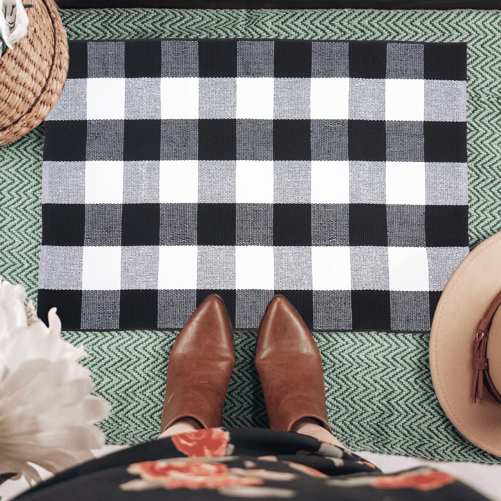 PIXFAIRY Buffalo Plaid Area Rug - 27.5x43 Inches, Black and White Checkered, Washable Cotton, Ideal for Front Porch, Kitchen, Entryway, Patio, Bathroom