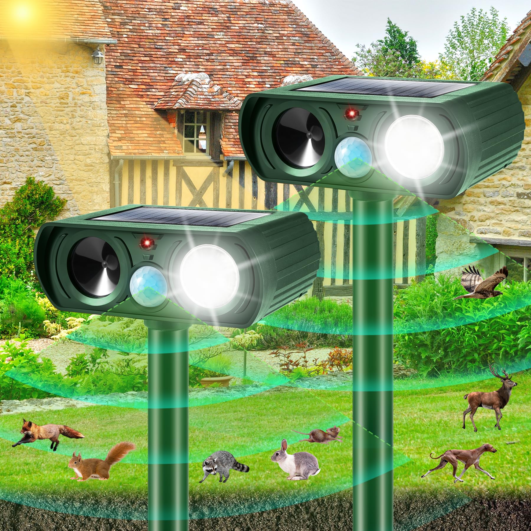 Upgraded Animal Repellent Outdoor,2 Pack Solar Animal Repeller with Motion Sensor Ultrasonic Cat Repellent Deer Repellent Devices Coyote Deterrent to Scare Raccoon Rabbit Squirrel Skunk Out of Yard