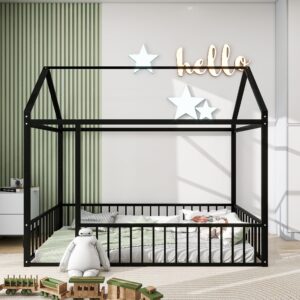 YOPTO Twin Size Metal House Shaped Floor Bed with Full Length Fence,Playhouse Bed Frame W/Pitched Roof Design,Easy Assembly,for Kids,Boys and Girls