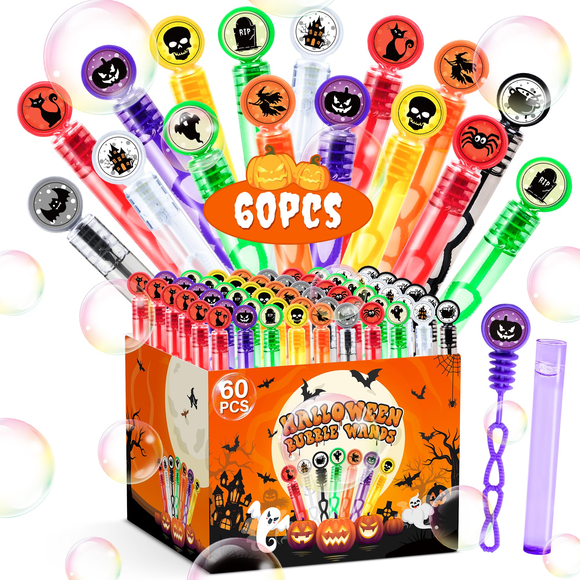 60 Pack Halloween Party Favors Bubble Wands for Kids, Halloween Goodie Bag Stuffers Fillers, Halloween Toys Bulk Treats Non Candy Classroom Prizes Gifts for Toddlers Kids Birthday Party Supplies