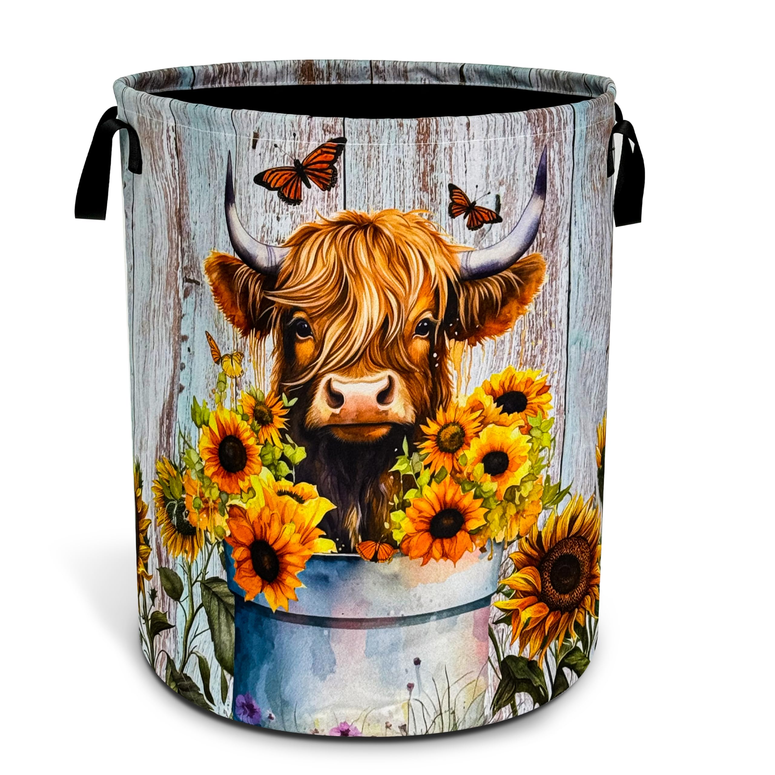 Highland Cow Sunflower Laundry Basket Animal Foldable Oxford Cloth Funny Tote Bag Laundry Hamper Clothes Storage Bucket Toy Organizer For Bathroom/Laundry Storage/Bedroom 18.9x16.5 Inch