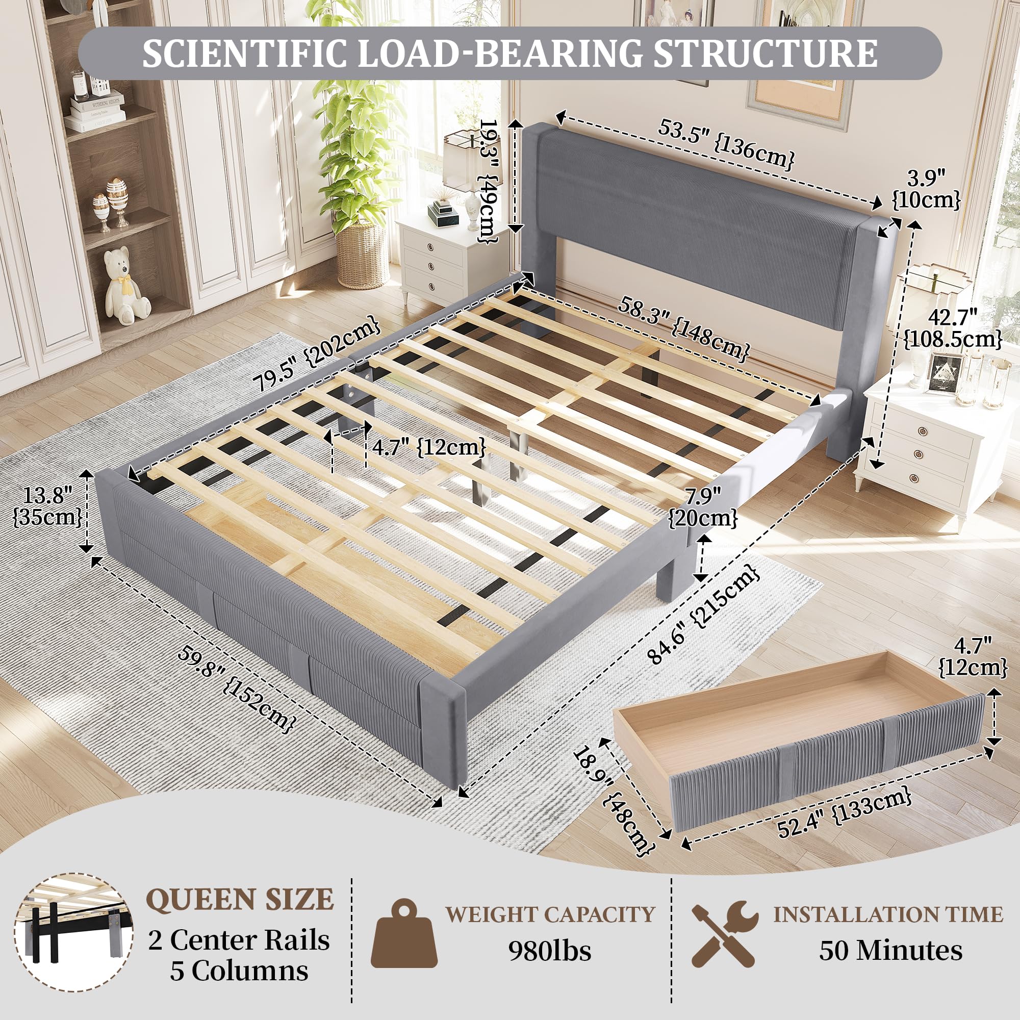 FINATI Queen Bed Frame with Storage, Wood Platform Bed Frame Queen Size with Velvet Upholstered Headboard Footboard, Strong Wooden 12-Slats Support, Under Bed Storage Drawer with Wheels, Noise Free