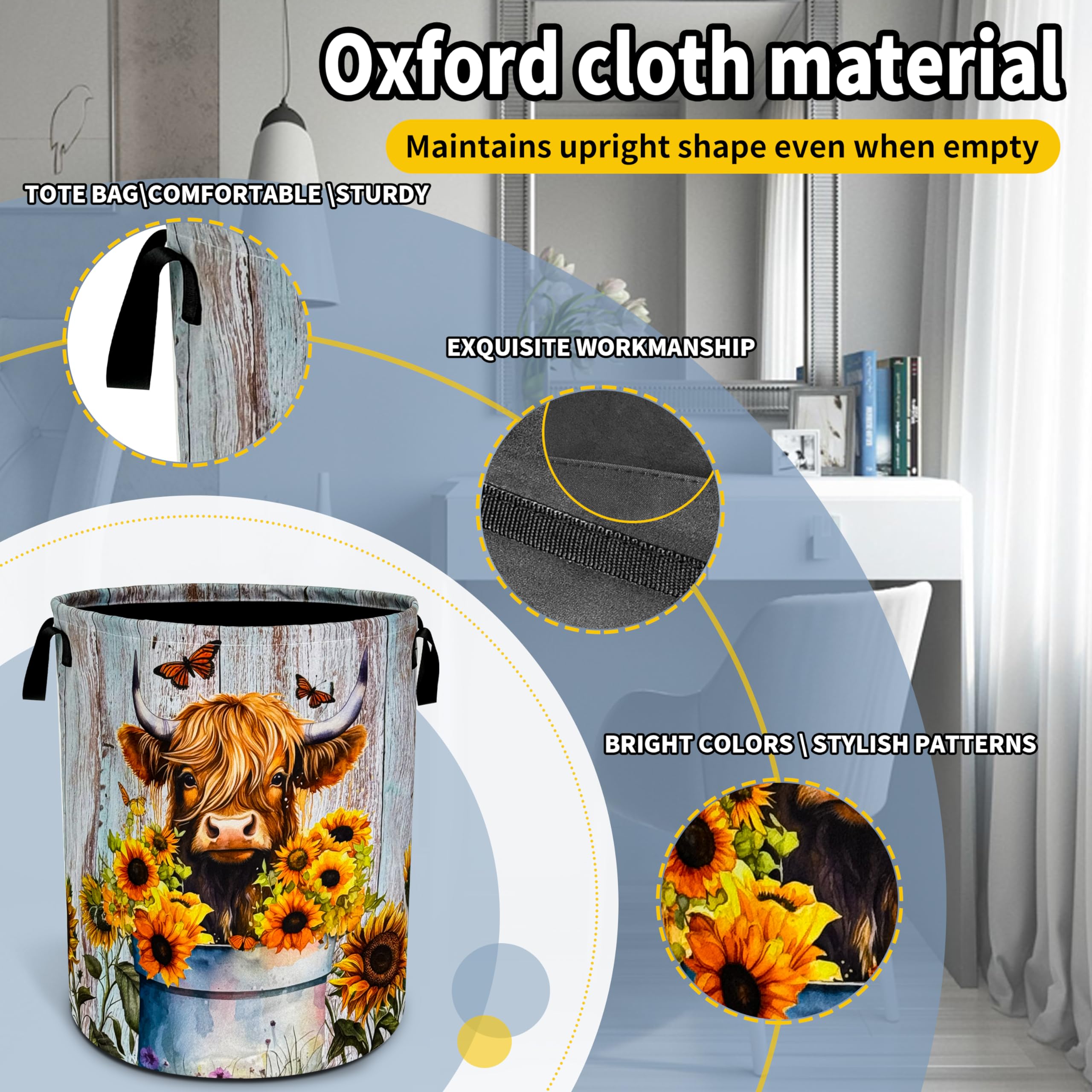 Highland Cow Sunflower Laundry Basket Animal Foldable Oxford Cloth Funny Tote Bag Laundry Hamper Clothes Storage Bucket Toy Organizer For Bathroom/Laundry Storage/Bedroom 18.9x16.5 Inch