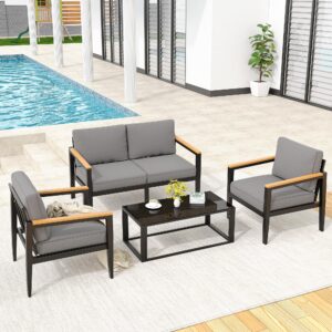 idealhouse aluminum patio furniture set,4 piece modern outdoor conversation sets with 4 inch cushion & tempered glass table outside furniture sets dark grey