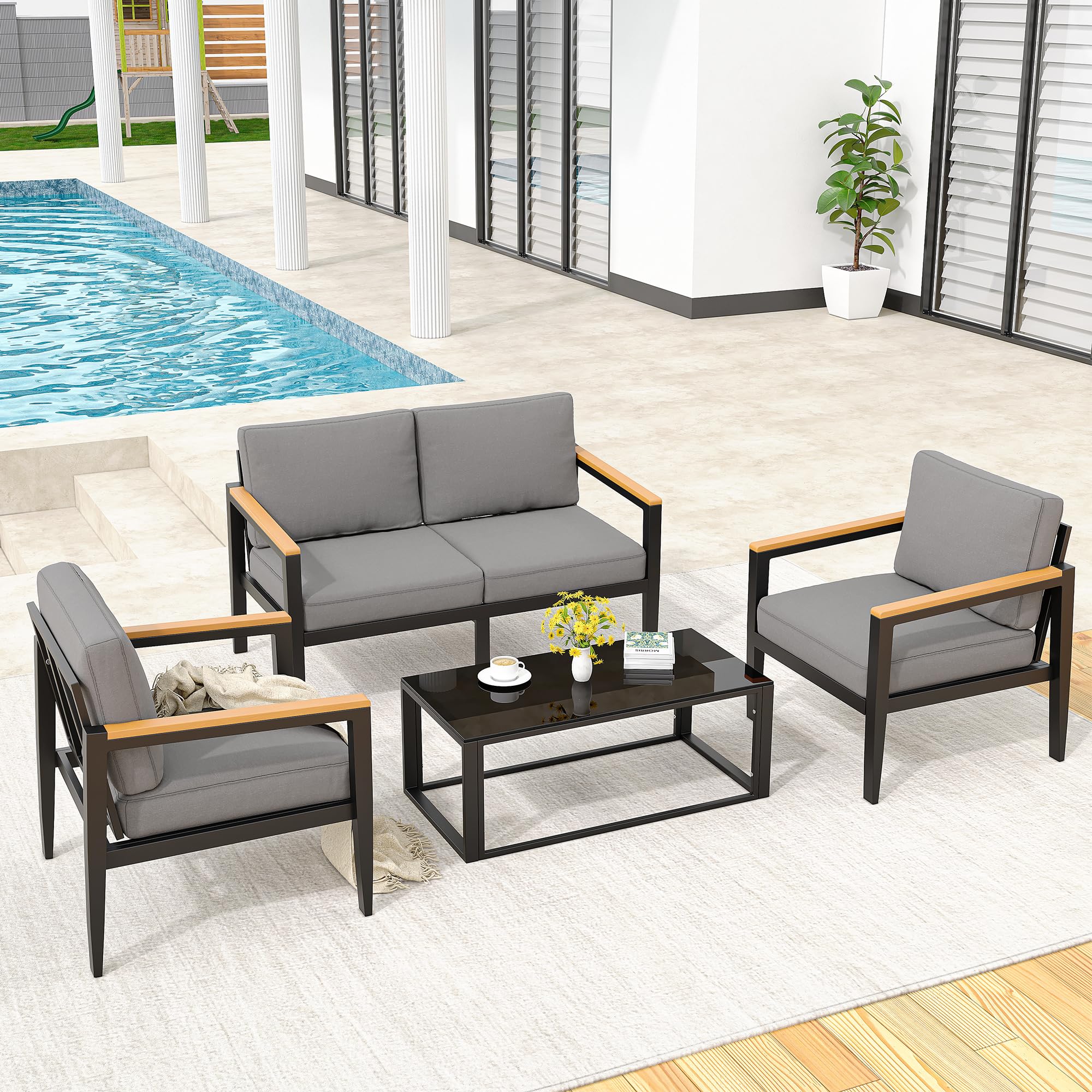 IDEALHOUSE Aluminum Patio Furniture Set,4 Piece Modern Outdoor Conversation Sets with 4 inch Cushion & Tempered Glass Table Outside Furniture Sets Dark Grey