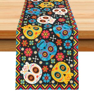 day of the dead table runner mexican skull table runner 72 x 13 inch halloween floral table runner dia de los muertos table runner fiesta table decor for halloween decoration home kitchen indoor party