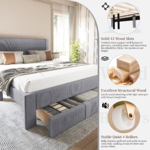 FINATI Queen Bed Frame with Storage, Wood Platform Bed Frame Queen Size with Velvet Upholstered Headboard Footboard, Strong Wooden 12-Slats Support, Under Bed Storage Drawer with Wheels, Noise Free