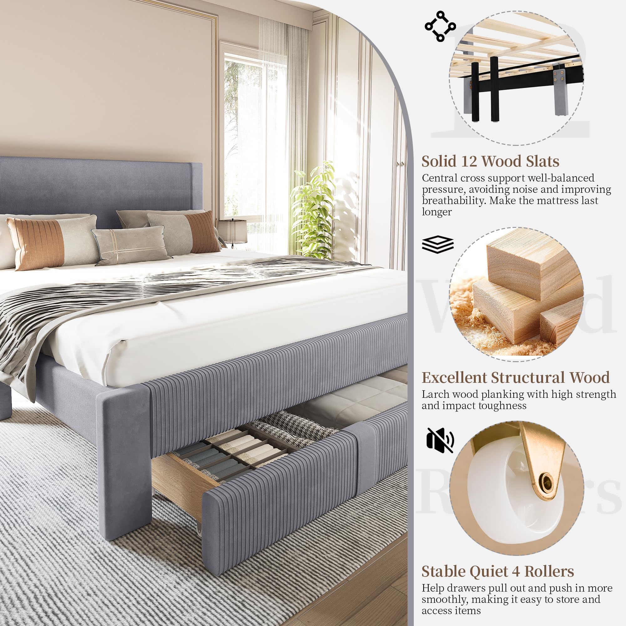 FINATI Queen Bed Frame with Storage, Wood Platform Bed Frame Queen Size with Velvet Upholstered Headboard Footboard, Strong Wooden 12-Slats Support, Under Bed Storage Drawer with Wheels, Noise Free