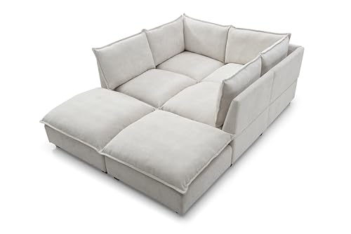 Free Combination Reversible Modular Sectional Sofa with Double Chaise and Thicked Cushions , U Shaped Symmetrical Oversized Sleeper Corner Couch w/ Detackable Backrest and Wooden Legs for Living Room