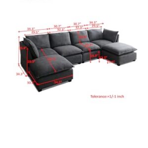 U Shaped Convertible Modular Sectional Sofa with Movable Ottomans and Solid Wood Legs , Free Combination Reversible Corner Couch , 6 Seater Oversized Upholstered Sleeper Sofabed for Living Room Office