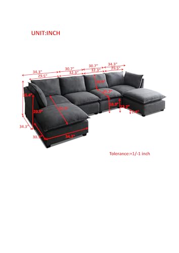 U Shaped Convertible Modular Sectional Sofa with Movable Ottomans and Solid Wood Legs , Free Combination Reversible Corner Couch , 6 Seater Oversized Upholstered Sleeper Sofabed for Living Room Office