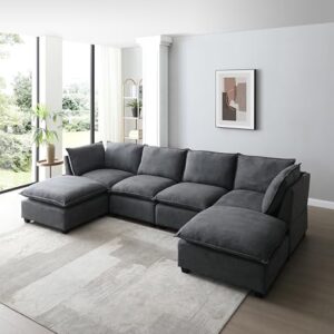 U Shaped Convertible Modular Sectional Sofa with Movable Ottomans and Solid Wood Legs , Free Combination Reversible Corner Couch , 6 Seater Oversized Upholstered Sleeper Sofabed for Living Room Office