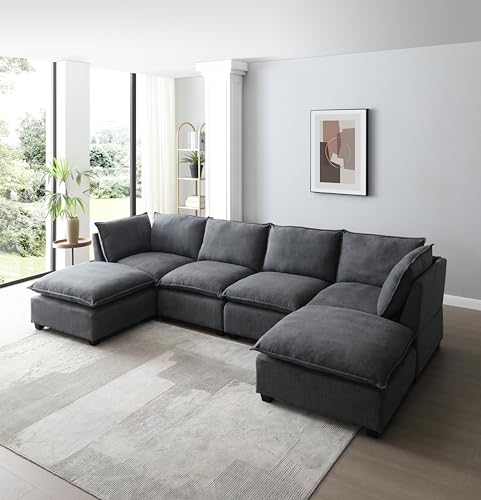 U Shaped Convertible Modular Sectional Sofa with Movable Ottomans and Solid Wood Legs , Free Combination Reversible Corner Couch , 6 Seater Oversized Upholstered Sleeper Sofabed for Living Room Office