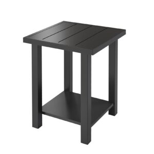 metal outdoor side table, 2-tier sturdy patio end table weather resistant, 16.5" * 16.5" * 18.1" solid square end table for patio, pool, porch (black)