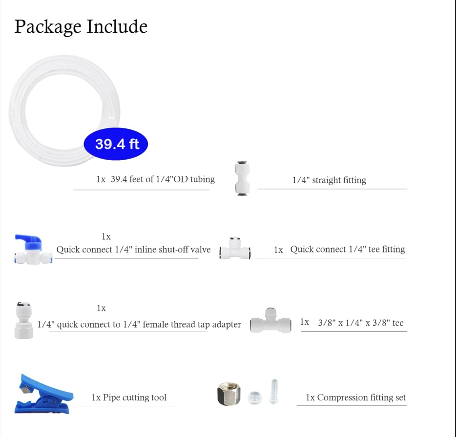 iRuiZhe Refrigerator Water Line Kit, Ice Maker Water Line Kit with 1/4"" OD 39.4ft Water Line Reverse Osmosis Quick Connect Fittings Push To Connect Water Tube Fittings for Fridge Ice Maker