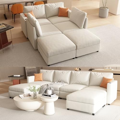 Free Combination Convertible Modular Sectional Sofa with Movable Ottomans and Storage, Oversized Symmetrical U Shaped Reversible Corner Couch with Cupholders, 6 Seat Sofa&Couch Bed for Living Room