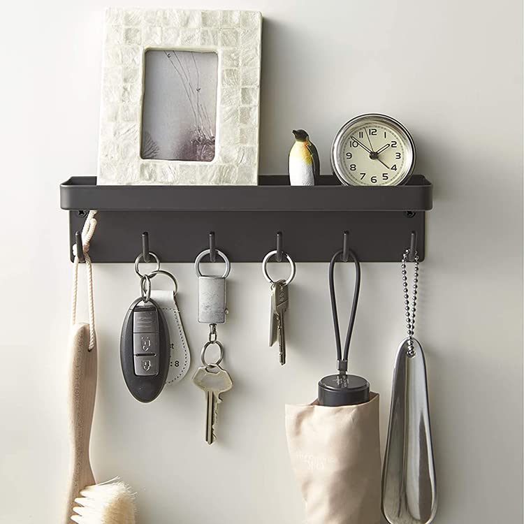 Key Holder Wall Mount and Magnetic With Mail Organizer Small Key Ring Rack with 6 Key Hooks and Shelf Next to Door Keys Sunglasses Coat Hanger for House Door Entryway Hallway and Office (Black)