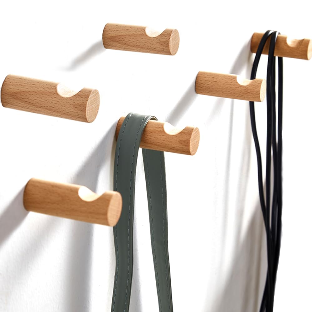 LONANGG 6pack Nordic Creativity Wall Hooks Decorative Hooks Coat Hangers Rack Hooks Solid Wood Hooks Towel Hook Ear Hook Coat Hooks (Beech 6hook)