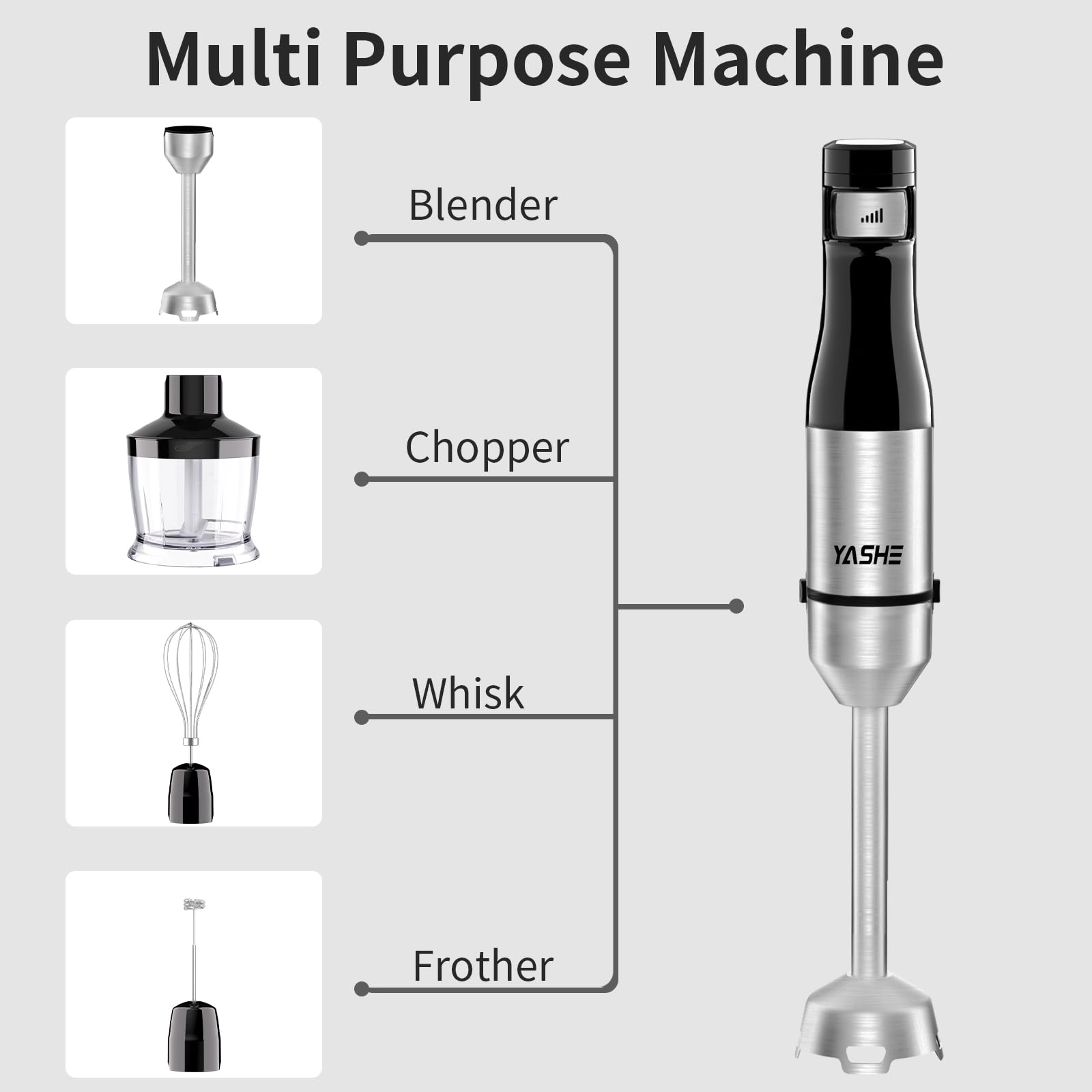 YASHE Immersion Blender Handheld, 5 in 1 Hand Blender, Continuously Variable Speed, Stainless Steel Blender Stick, 400W Powerful Motor, Emulsion Blender with Chopper, Whisk and Milk Frother for Soups