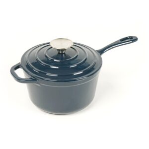 hawok enameled cast iron saucepan, 2qt saucepan with lid and long handle, navy blue