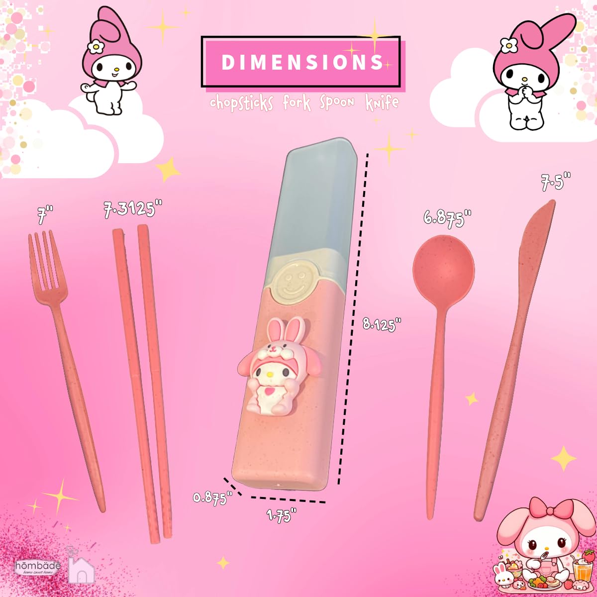 hombäde Plastic Cutlery Tableware Flatware Silverware 5 Piece Set Portable Reusable Travel Cute Kawaii Anime Cartoon Dog Bunny for Boys and Girls (Pink Melody)