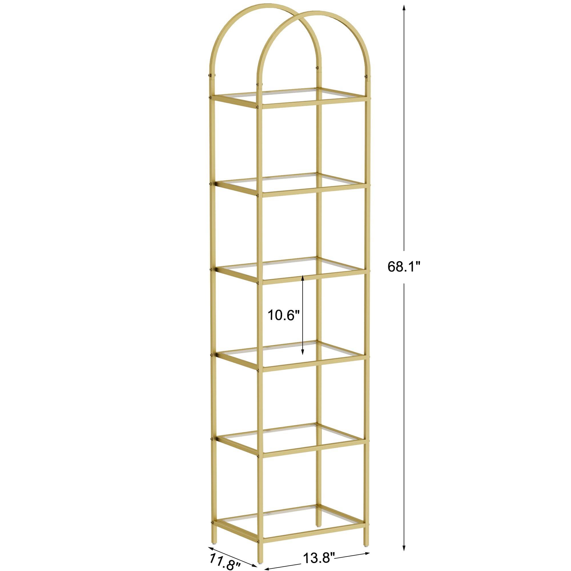 Homhedy 6-Tier Bookshelf Arched Display Racks, Metal Bookcase, Tempered Glass Shelves, Slim Storage Rack Shelf for Home Office, Living Room, Bedroom, Bathroom, Modern Style, Golden