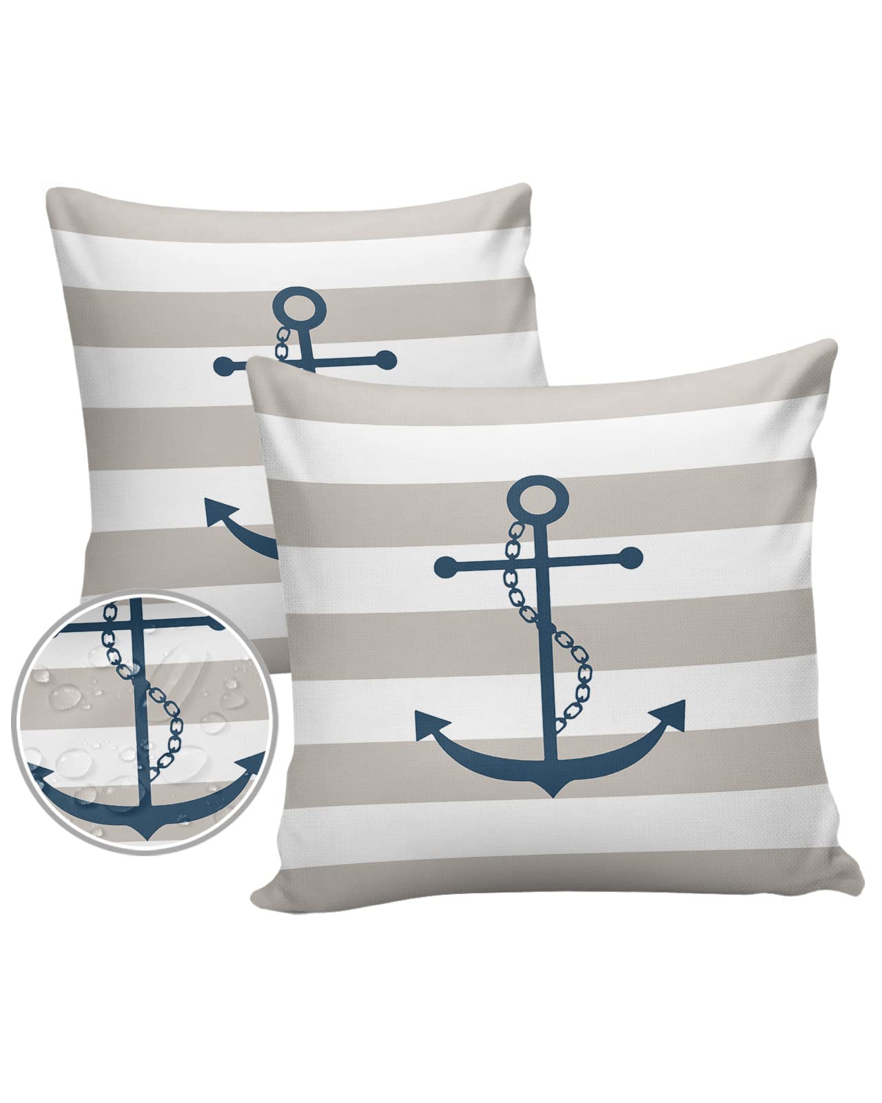 Outdoor Waterproof Pillow Covers for Patio Blue Nautical Anchor Chain Decorative Throw Pillow Cover Beige White Stripes Pillowcases Set of 2 Cushion Case for Sofa Couch Chair Home Decor 20x20 inch