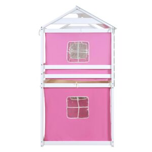 Merax Twin Over Twin Bunk Bed with Tent, Wood Twin Size House Bed Frame, Pink+White