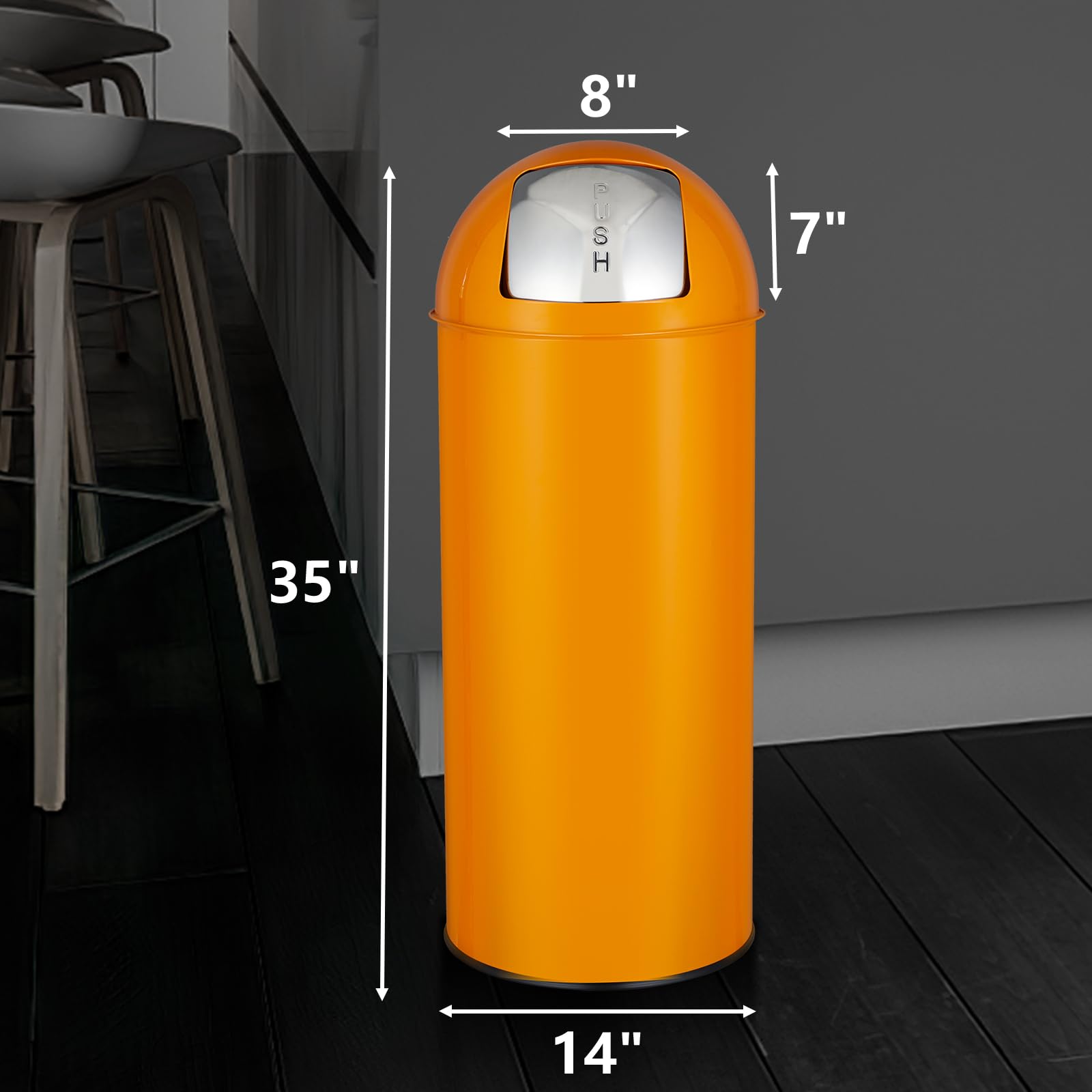 17 Gal / 65L Push Lid Trash Can Commercial Grade Heavy Duty Tall Commercial Trash Can Brushed Stainless Steel for Outdoor | Kitchen Waste Bins for Home, Office, Restaurant, Restroom(Orange)