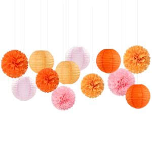 Pink-Orange Groovy Party-Decorations Paper-Flowers Lanterns - 15PCS Baby Shower Tissue Pom Poms Streamers, Fall Wedding Boho Birthday Bridal Bachelorette Sunset Hanging Supplies Decor Hugfond