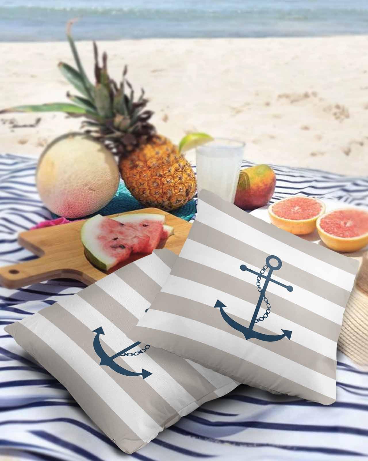 Outdoor Waterproof Pillow Covers for Patio Blue Nautical Anchor Chain Decorative Throw Pillow Cover Beige White Stripes Pillowcases Set of 2 Cushion Case for Sofa Couch Chair Home Decor 20x20 inch