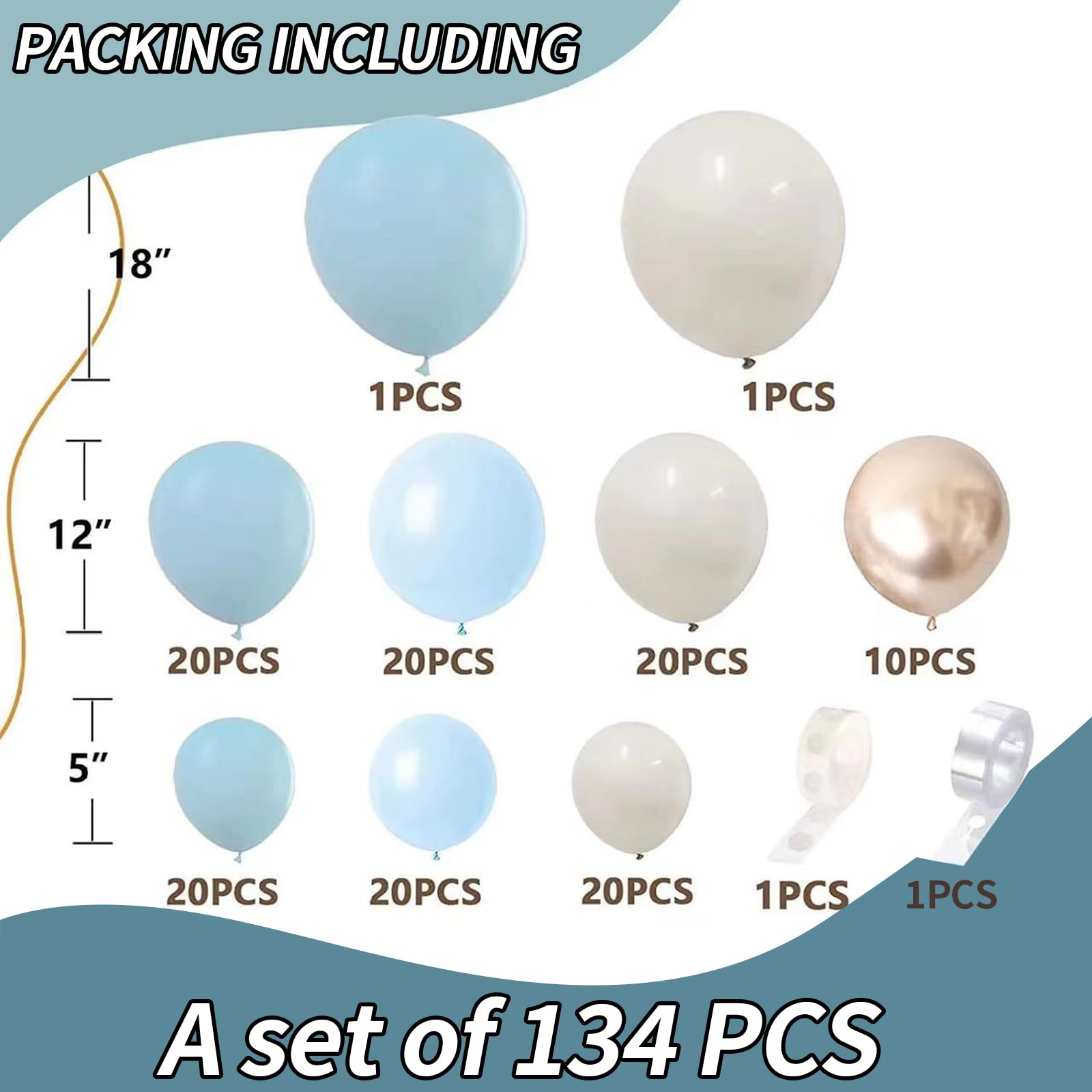 134Pcs Dusty Blue Balloons Arch Garland Kit, Dusty Baby Pastel Blue Chrome Gold Blue Sand White Confetti Balloon for Boy Baby Shower Decorations Bridal Shower Gender Reveal Birthday Party Supplies