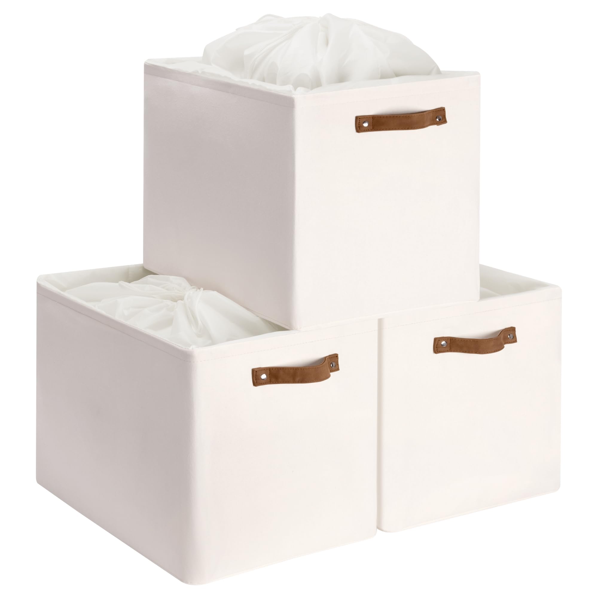 StorageWorks Fabric Storage Bin with Drawstring Closure, Foldable Storage Baskets for Organizing, Closet Storage Bins with PU Handles, Beige, Large, 3-Pack