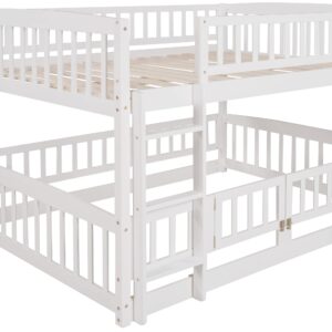 DreamBuck Full Over Full Bunk Bed with Convertible Slide and Ladder, Wood Low Bunk Bed with Fence for Toddler/Kids/Teens, Floor Bunk Bed for Boys/Girls, Space Saving, Easy Assembly, White