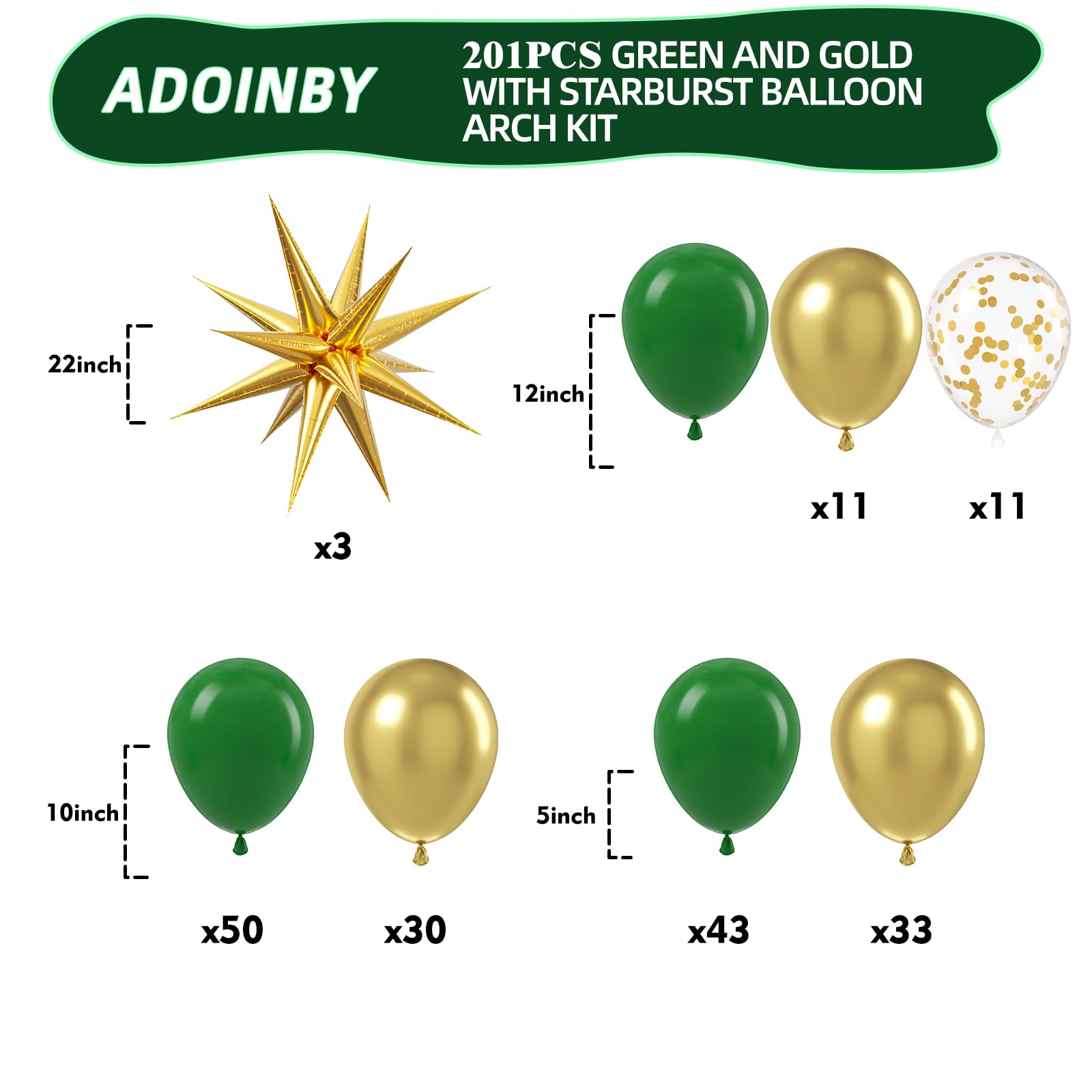 ADOINBY Green and Gold Balloon Arch Kit, 201Pcs Explosion Star Emerald Dark Green Metallic Gold Latex Balloon Garland kit, Different Size Balloons for Birthday Baby Shower Jungle Party Decoration