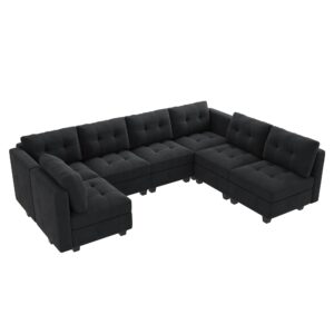 HONBAY Modular Sectional Sofa Oversized U Shaped Couch with Storage Seat Velvet 7-Seat Modular Sofa with Reversible Chaises,Velvet Black