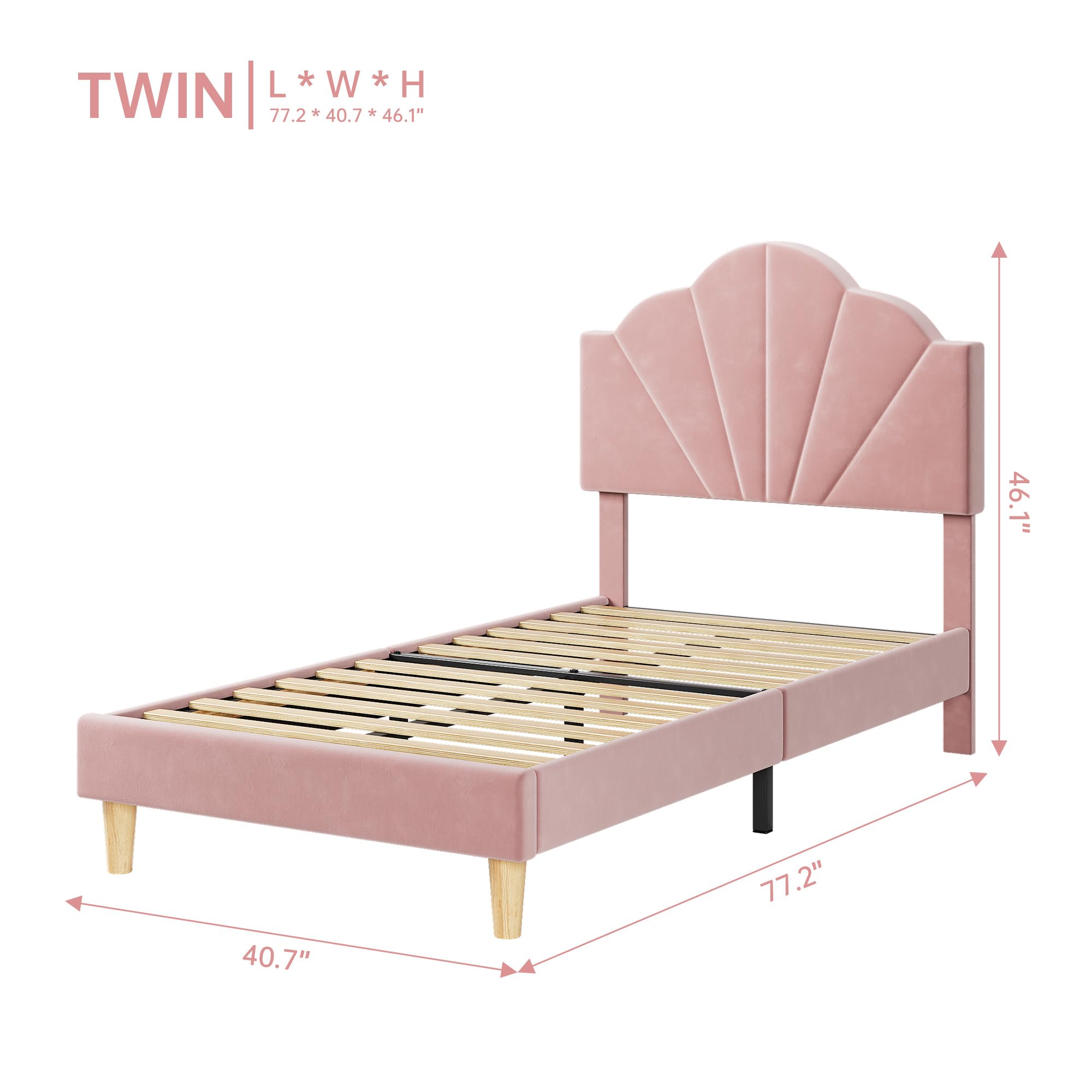 IDEALHOUSE Twin Pink Bed Frame, Twin Velvet Upholstered Bed Frame with Height Adjustable Headboard, Girl Twin Bed Frame with Strong Wood Slat Support and Metal Frame, Easy to Assemble