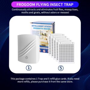 Frogoom Flying Insect Trap, Fruit Fly Traps for Indoors Gnat, Mosquito, Moth and Housefly, Plug-in Bug Light UV Attractant Catcher Fly Traps Indoor for Home Office - No Odor (1 Device + 5 Glue Cards)