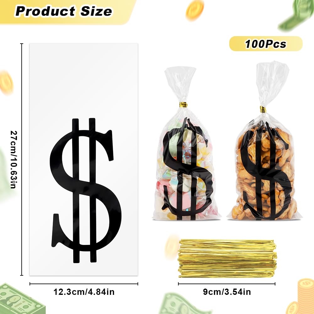 Money Treat Bags, 100PCS Dollar Sign Candy Bags, 10.63x5 Inch Dollar Sign Cellophane Treat Bags, Plastic Cookies Goodie Bags Gift Bags with Twist Ties for Halloween Casino Pirate Party Favors Supplies