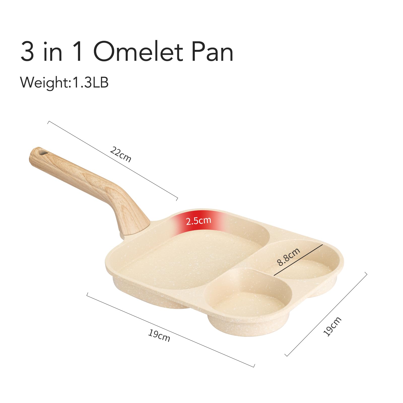 MDZF SWEET HOME Versatile 3 in 1 Non-Stick Omelet Pan with Elevated Heat Resistant Handle, Ideal for Eggs, Bacon,Sausages, Steak and Pancakes