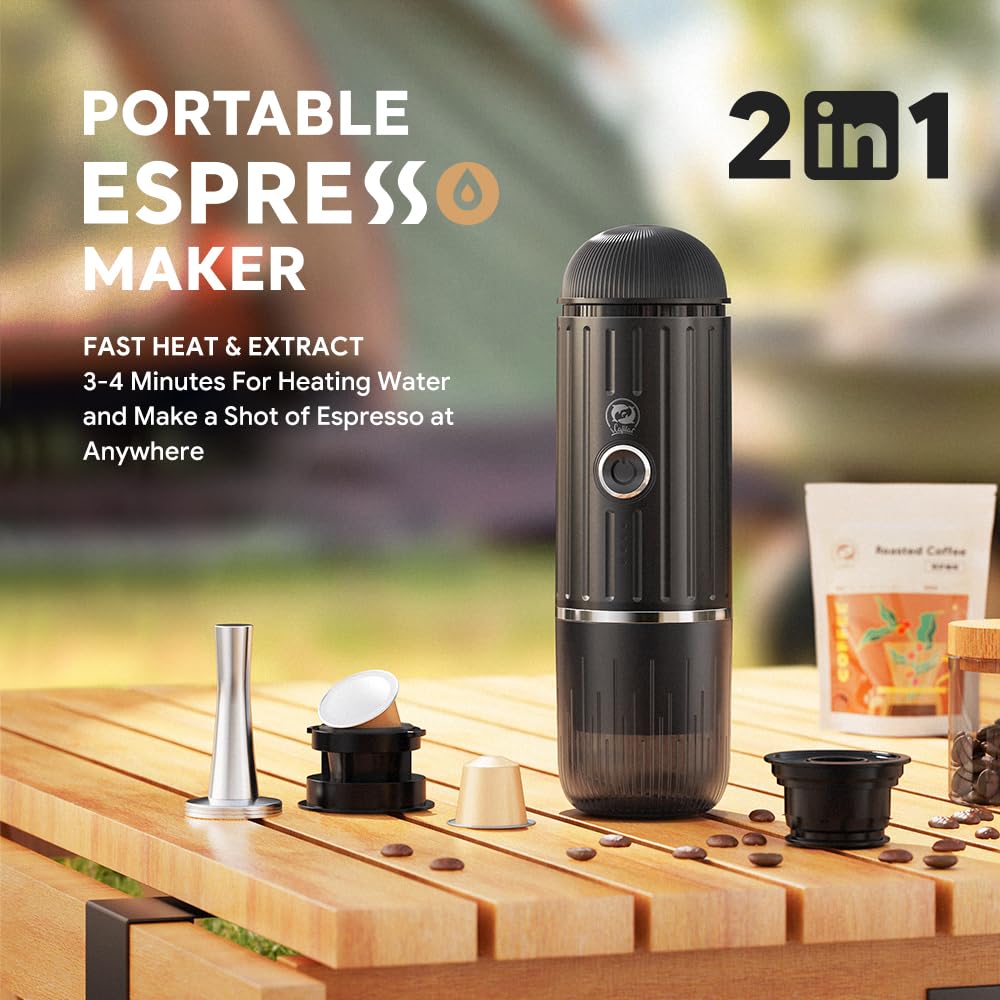 BENFUCHEN Portable Espresso Machine For Travel, USB-C Charging, Self-Heating Electric Espresso Maker, 19 Bar Mini Coffee Maker On the Go For Camping & Hiking For Ground Coffee & NESPRESSOpods, Black